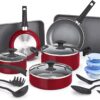 BELLA Nonstick Cookware Set with Glass Lids - Aluminum Bakeware, Pots and Pans, Storage Bowls & Utensils, Compatible with All Stovetops, 21 Piece, Red