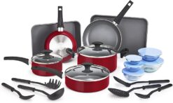 BELLA Nonstick Cookware Set with Glass Lids - Aluminum Bakeware, Pots and Pans, Storage Bowls & Utensils, Compatible with All Stovetops, 21 Piece, Red