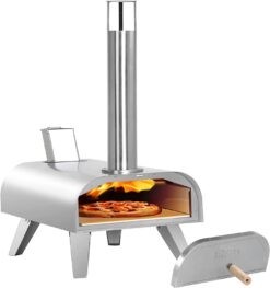 BIG HORN OUTDOORS 12 Inch Wood Pellet Burning Pizza Oven, Portable Stainless Steel Pizza Grill with Pizza Stone for Outside