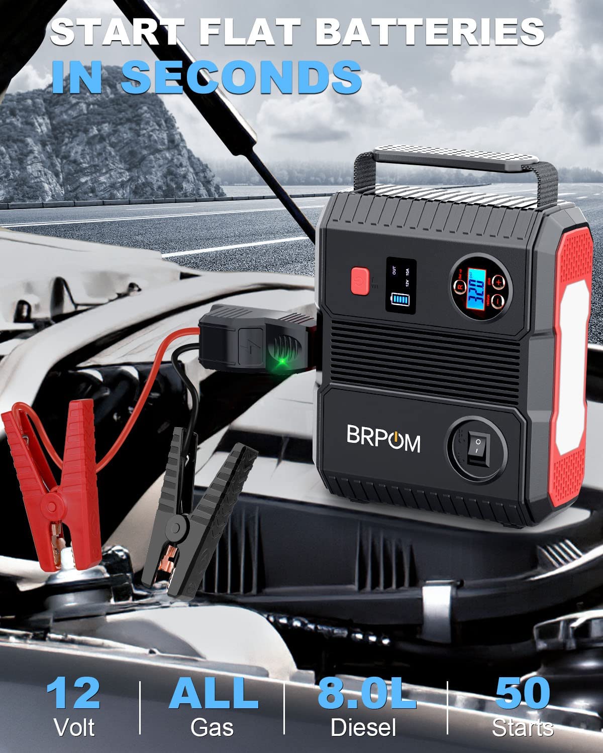 BRPOM Car Battery Jump Starter, 3000A 26800mAh 12V Auto Emergency
