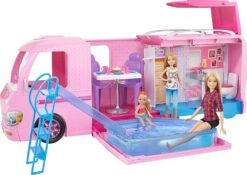 Barbie Camper Playset, Dreamcamper Toy Vehicle with 50 Accessories Including Furniture, Pool & Slide, Hammocks & Fireplace