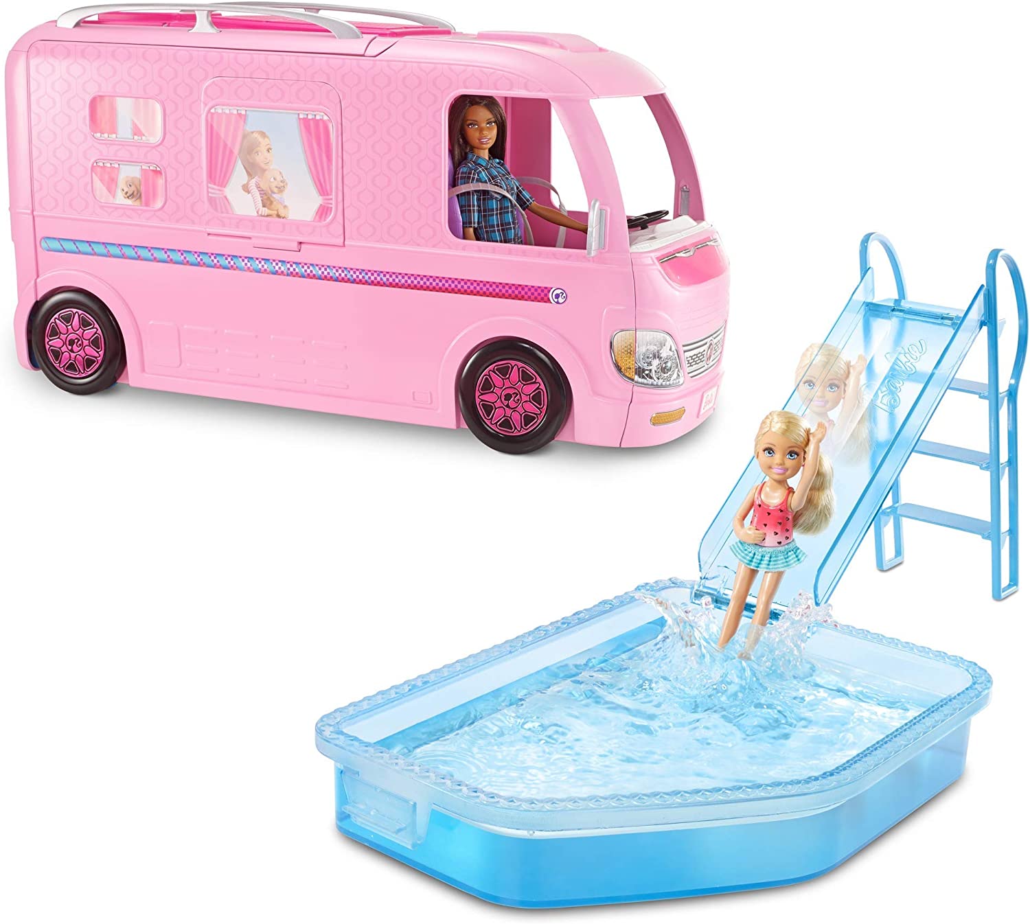 Barbie Camper Playset, Dreamcamper Toy Vehicle with 50 Accessories  Including Furniture, Pool & Slide, Hammocks & Fireplace