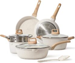 CAROTE Pots and Pans Set Nonstick, White Granite Induction Kitchen Cookware Sets, 10 Pcs Non Stick Cooking Set w Frying Pans & Saucepans(PFOS, PFOA Free)