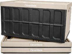 CleverMade 62L Collapsible Storage Bins with Lids - Folding Plastic Stackable Utility Crates, Solid Wall 3 Pack, Tan