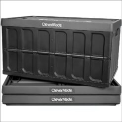 CleverMade 62L Collapsible Storage Bins with Lids - Folding Plastic Stackable Utility Crates, Solid Wall CleverCrates, 3 Pack, Charcoal (8034119-1533PK)