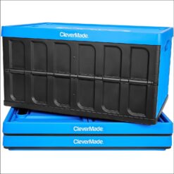 CleverMade 62L Collapsible Storage Bins with Lids - Folding Plastic Stackable Utility Crates, Solid Wall CleverCrates, 3 Pack, Neptune Blue