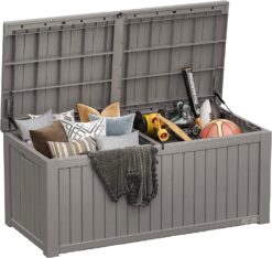 EAST OAK 150 Gallon Large Deck Box, Outdoor Storage Box with Padlock for Patio Furniture, Patio Cushions, Gardening Tools, Pool Supplies, Waterproof and UV Resistant Resin, Grey