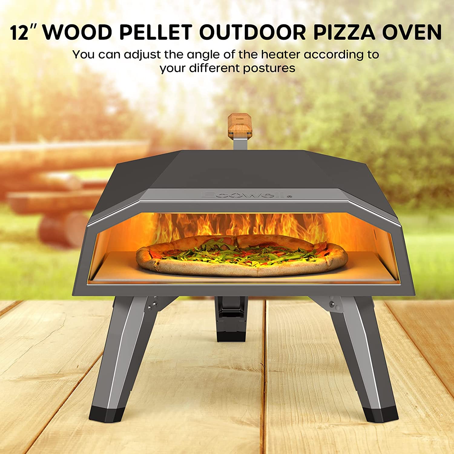 Ecowell EPO12L Outdoor Wood Fired-12 Outside, Pellet Oven with Pizza  Stone/Peel/Cutter, Infrared Thermometer and Portable Cover, Black