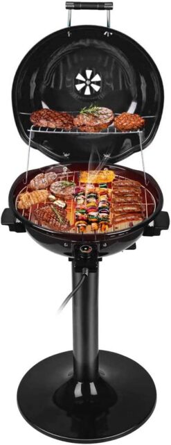 Electric BBQ Grill Techwood 15-Serving Indoor/Outdoor Electric Grill for Indoor & Outdoor Use, Double Layer Design, Portable Removable Stand Grill, 1600W (Stand Black BBQ Grills)