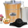 Elite Gourmet Old Fashioned 4 Quart Vintage Appalachian Wood Bucket Electric Ice Cream Maker Machine, Bonus Classic Die-Cast Hand Crank for Churning, Uses Ice and Rock Salt Churns Ice Cream in Minute