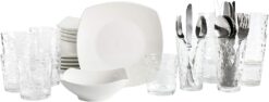 Gibson Home Zen Buffet Square 42 Piece Combo Porcelain Dinnerware, Glassware, Silverware Set, White (Square) (138423.42R)