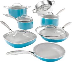 Gotham Steel Aqua Blue Pots and Pans Set, 12 Piece Nonstick Ceramic Cookware Set, Includes Frying Pans, Stockpots & Saucepans, Stay Cool Handles, Oven & Dishwasher Safe, 100% PFOA Free, Turquoise