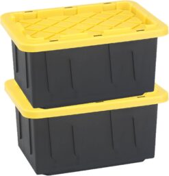 HOMZ 15 Gallon Durabilt Storage Bins, Pack of 2 Heavy Duty Plastic Containers, Secure Snap Lids, 6 Hasp Areas for Tie-Down Straps or Locks, Stackable, Nestable, Organizing Totes