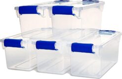 HOMZ 7.5 Quart Clear Plastic Stackable Storage Container Tote with Secure Latching Lid for Home and Office Organization, 5 Pack