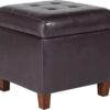 HomePop Leatherette Tufted Square Storage Ottoman with Hinged Lid, Brown