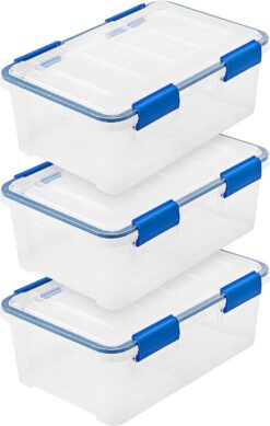 IRIS USA 16 Quart WEATHERPRO Plastic Storage Box with Durable Lid and Seal and Secure Latching Buckles, Clear With Blue Buckles, Weathertight, 3 Pack