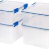 IRIS USA 26.5 & 44 Quart Combo WEATHERPRO Plastic Storage Box with Durable Lid and Seal and Secure Latching Buckles, Clear With Blue Buckles, Weathertight, 4 Pack
