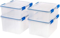 IRIS USA 26.5 & 44 Quart Combo WEATHERPRO Plastic Storage Box with Durable Lid and Seal and Secure Latching Buckles, Clear With Blue Buckles, Weathertight, 4 Pack