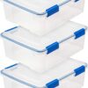 IRIS USA 26.5 Quart WEATHERPRO Plastic Storage Box with Durable Lid and Seal and Secure Latching Buckles, Clear With Blue Buckles, Weathertight, 3 Pack