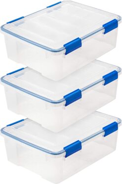 IRIS USA 26.5 Quart WEATHERPRO Plastic Storage Box with Durable Lid and Seal and Secure Latching Buckles, Clear With Blue Buckles, Weathertight, 3 Pack