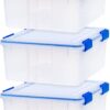 IRIS USA 60 Quart WEATHERPRO Plastic Storage Box with Durable Lid and Seal and Secure Latching, Clear With Blue Buckles, Weathertight, 3 Pack