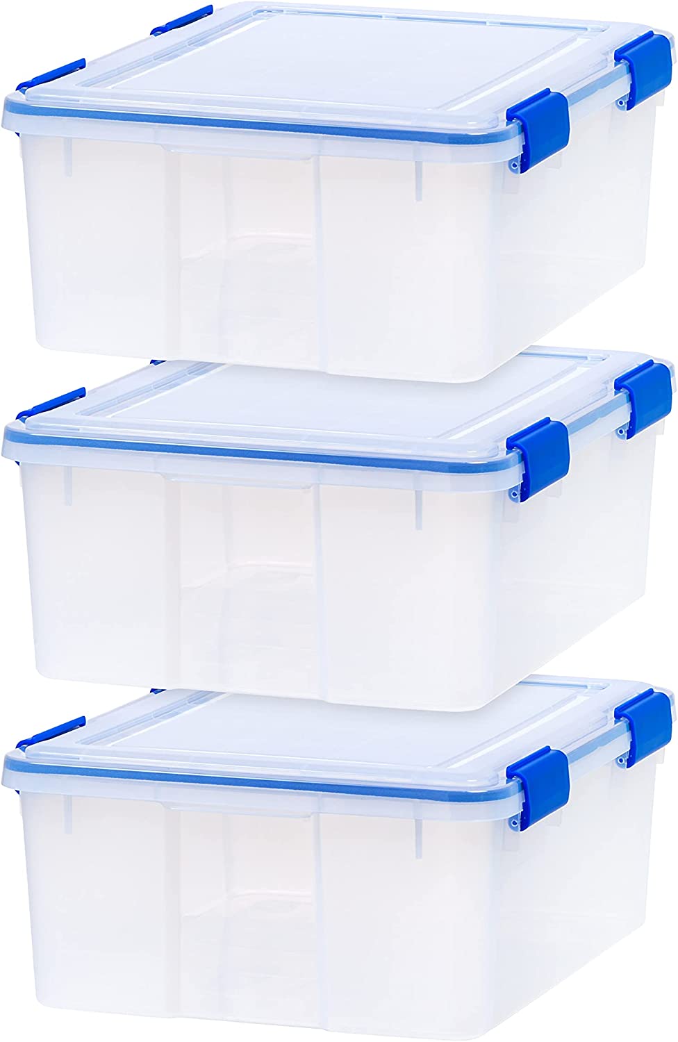 IRIS USA 60 Quart WEATHERPRO Plastic Storage Box with Durable Lid and Seal  and Secure Latching, Clear With Blue Buckles, Weathertight, 3 Pack