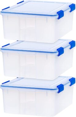 IRIS USA 30 Quart WEATHERPRO Plastic Storage Box with Durable Lid and Seal and Secure Latching Buckles, Clear With Blue Buckles, Weathertight, 3 Pack
