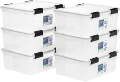 IRIS USA 30.6 Quart WEATHERPRO Plastic Storage Box with Durable Lid and Seal and Secure Latching Buckles, Weathertight, Clear with Black Buckles, 6 Pack