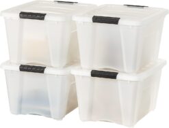IRIS USA 32 Qt. Plastic Storage Container Bin with Secure Lid and Latching Buckles, 4 pack - Pearl, Durable Stackable Nestable Organizing Tote Tub Box Toy General Organization Medium
