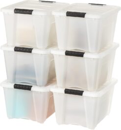 IRIS USA 32 Qt. Plastic Storage Container Bin with Secure Lid and Latching Buckles, 6 pack - Pearl, Durable Stackable Nestable Organizing Tote Tub Box Toy General Organization Medium