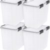 IRIS USA 36 Quart WEATHERPRO Plastic Storage Box with Durable Lid and Seal and Secure Latching Buckles, Weathertight, Clear with Black Buckles, 4 Pack