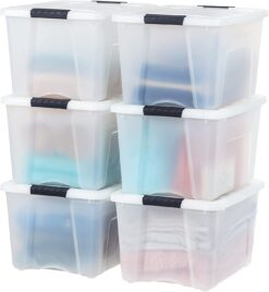 IRIS USA 40 Qt. Plastic Storage Container Bin with Secure Lid and Latching Buckles, 6 pack - Pearl, Durable Stackable Nestable Organizing Tote Tub Box Toy General Organization Medium