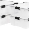 IRIS USA 41 Quart WEATHERPRO Plastic Storage Box with Durable Lid and Seal and Secure Latching Buckles, Weathertight, Clear with Black Buckles, 4 Pack