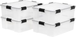 IRIS USA 41 Quart WEATHERPRO Plastic Storage Box with Durable Lid and Seal and Secure Latching Buckles, Weathertight, Clear with Black Buckles, 4 Pack