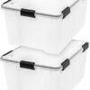 IRIS USA 62.8 Quart WEATHERPRO Plastic Storage Box with Durable Lid and Seal and Secure Latching Buckles, Weathertight, Clear with Black Buckles, 2 Pack