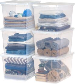 IRIS USA 68 Qt. Plastic Storage Container Bin with Latching Lid, 6 Pack, Stackable Nestable Box Tote Closet Organization School Art Supplies Towels Blankets Comforters Sleeping Bags - Clear