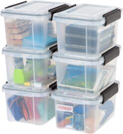 IRIS USA 7 Quart WEATHERPRO Plastic Storage Box with Durable Lid and Seal and Secure Latching Buckles, Weathertight, Clear with Black Buckles, 6 Pack