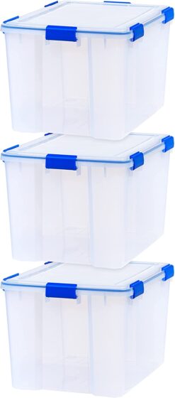 IRIS USA 70 Quart WEATHERPRO Plastic Storage Box with Durable Lid and Seal and Secure Latching Buckles, Clear With Blue Buckles, Weathertight, 3 Pack