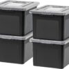 IRIS USA Letter/Legal File Tote Box, 4 Pack, BPA-Free Plastic Storage Bin Tote Organizer with Durable and Secure Latching Lid, Stackable and Nestable, Black/Clear