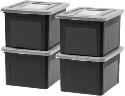IRIS USA Letter/Legal File Tote Box, 4 Pack, BPA-Free Plastic Storage Bin Tote Organizer with Durable and Secure Latching Lid, Stackable and Nestable, Black/Clear