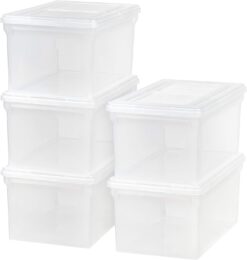 IRIS USA Letter/Legal File Tote Box, 5 Pack, BPA-Free Plastic Storage Bin Tote Organizer with Durable and Secure Hinged Latching Lid, Stackable and Nestable, Clear