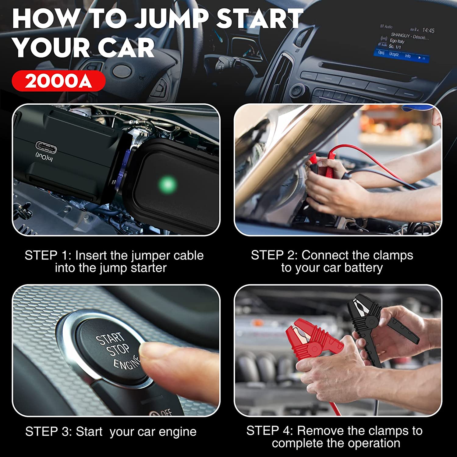 NEXPOW Car Jump Starter, 2000A Peak 12V Portable Car Battery Starter, Auto  Battery Booster, Lithium Jump Box with LED Light/USB Quick Charge 3.0,  Black