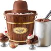 Nostalgia Electric Ice Cream Maker - Old Fashioned Soft Serve Ice Cream Machine Makes Frozen Yogurt or Gelato in Minutes - Fun Kitchen Appliance - Vintage Wooden Style - Dark Wood - 4 Quart