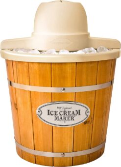 Nostalgia Electric Ice Cream Maker - Old Fashioned Soft Serve Ice Cream Machine Makes Frozen Yogurt or Gelato in Minutes - Fun Kitchen Appliance - Vintage Wooden Style - Light Wood - 4 Quart