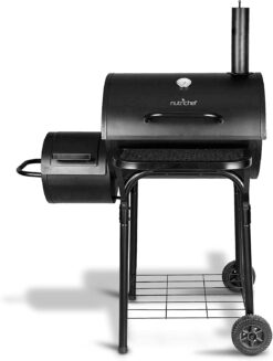 NutriChef Kitchen Charcoal Grill Offset Smoker with Cover, Portable Stainless Steel Grill, Outdoor Camping BBQ and Barrel Smoker (Black)