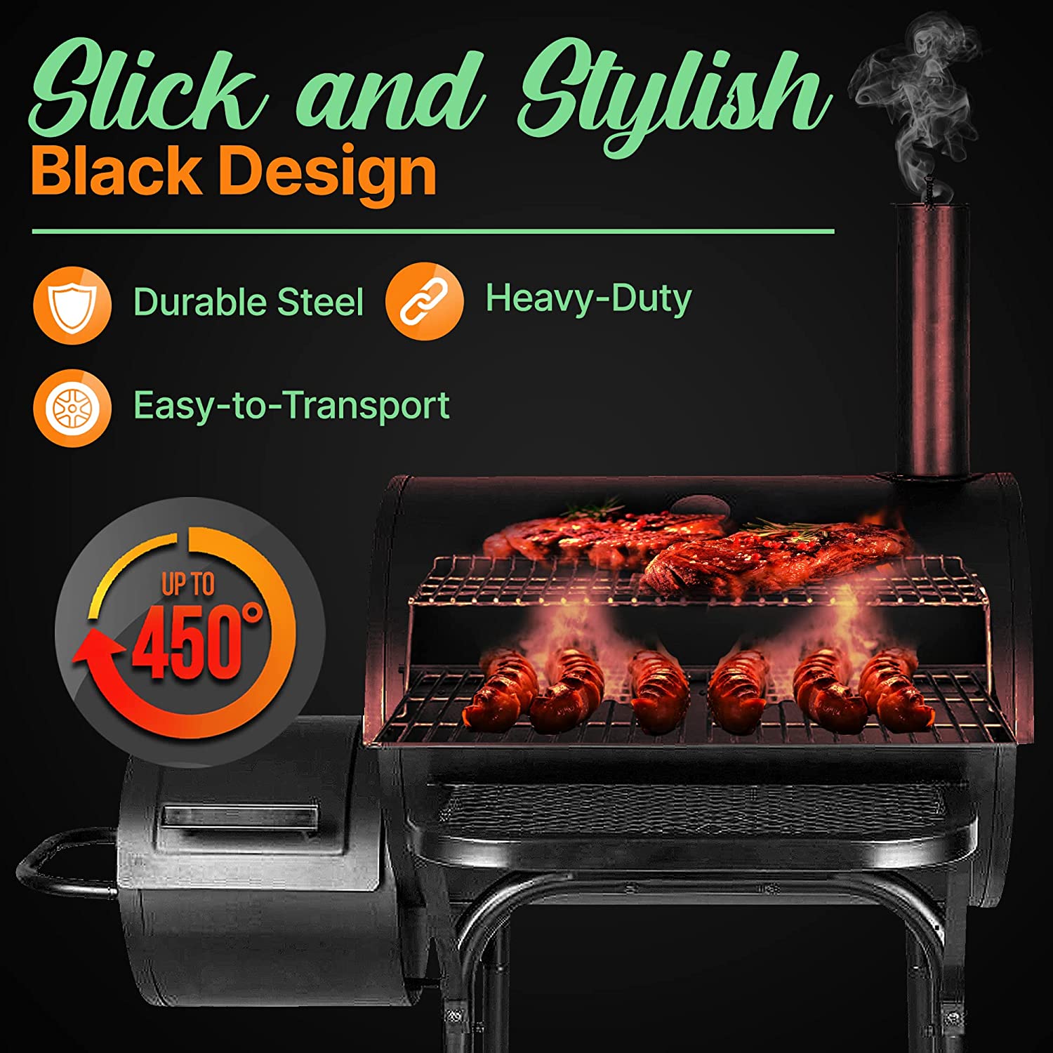 NutriChef Kitchen Charcoal Grill Offset Smoker with Cover, Portable Stainless Steel Grill, Outdoor Camping BBQ and Barrel Smoker (Black)3
