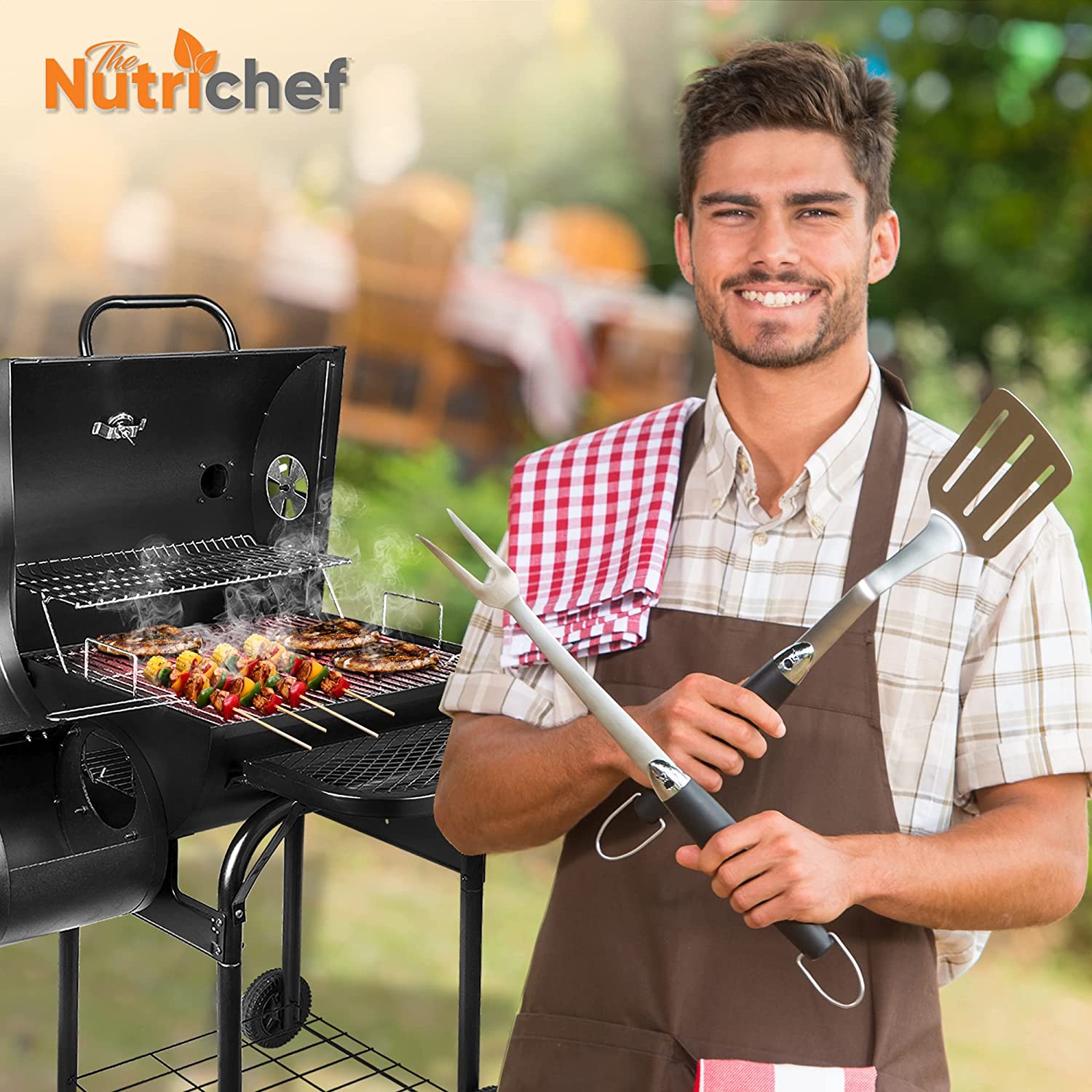 NutriChef Kitchen Charcoal Grill Offset Smoker with Cover, Portable Stainless Steel Grill, Outdoor Camping BBQ and Barrel Smoker (Black)9