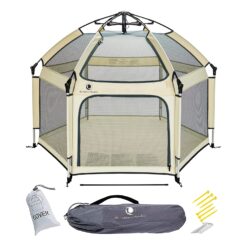 POP 'N GO Premium Indoor and Outdoor Baby Playpen - Portable, Lightweight, Pop Up Pack and Play Toddler Play Yard w/Canopy and Travel Bag - Warm Ivory