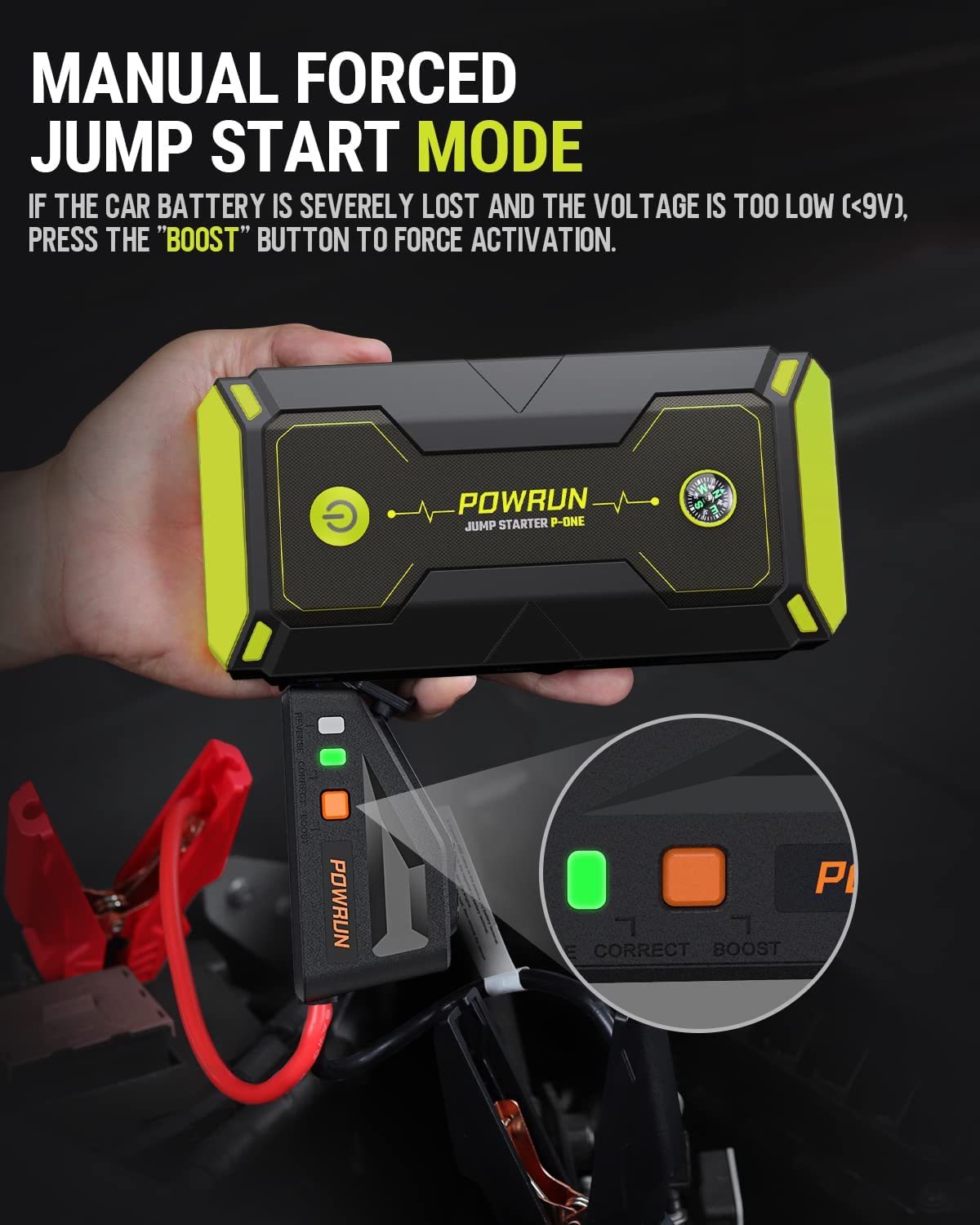 Powrun P-ONE 2000A Portable Jump Starter Box - Car Battery Booster Pack for  up to 8.0L Gas and 6.5L Diesel Engines, 12V Battery Jump Starter with LCD  Display (Green)