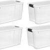 Sterilite 70 Qt Clear Plastic Stackable Storage Bin w/White Latching Lid Organizing Solution, 4 Pack